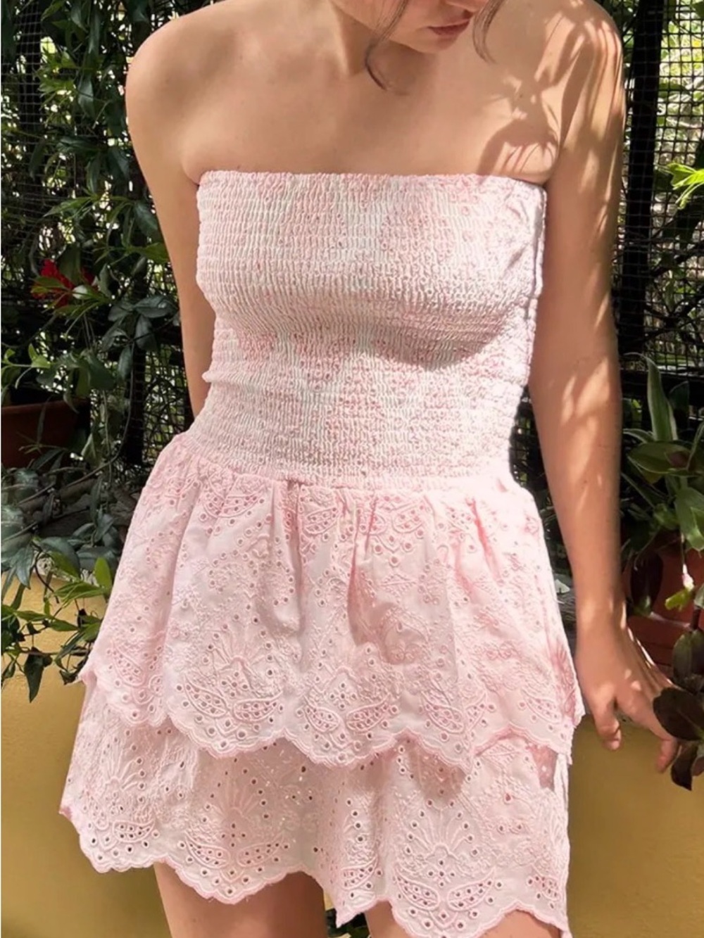 Smocked Strapless Pink Eyelet Mini Dress
